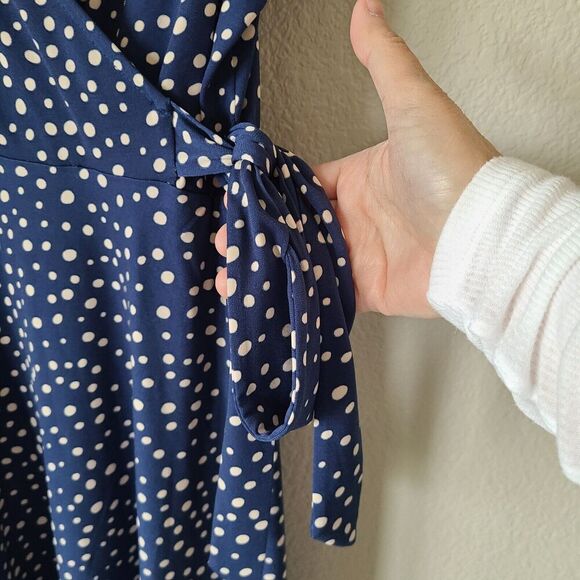Wrap Polka Dot Short Woman Dress XXL NEW 90s Retro Stretch Blue‎ White Career - Picture 5 of 12